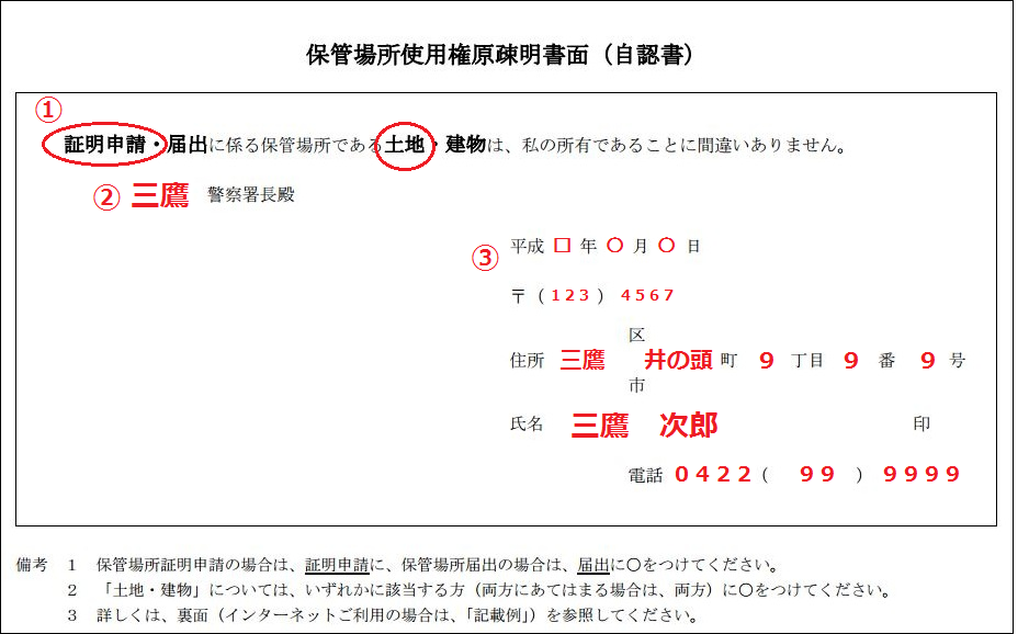 保管場所使用権原疎明書の書き方